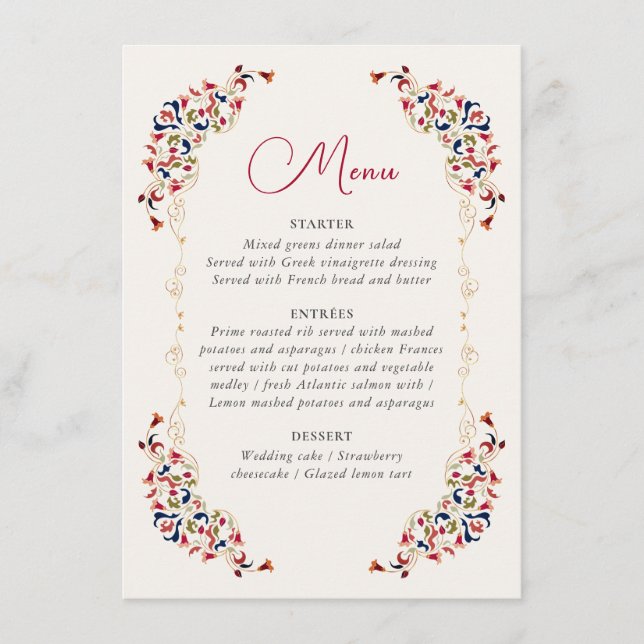 Luxury Artistic Botanical Floral Paisley Wedding Menu (Front)