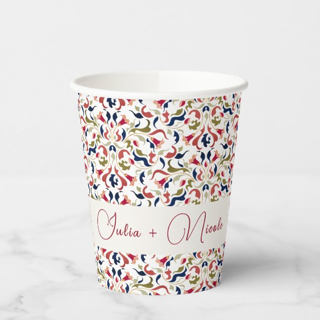 Luxury Artistic Botanical Floral Paisley Wedding Paper Cups (Left)