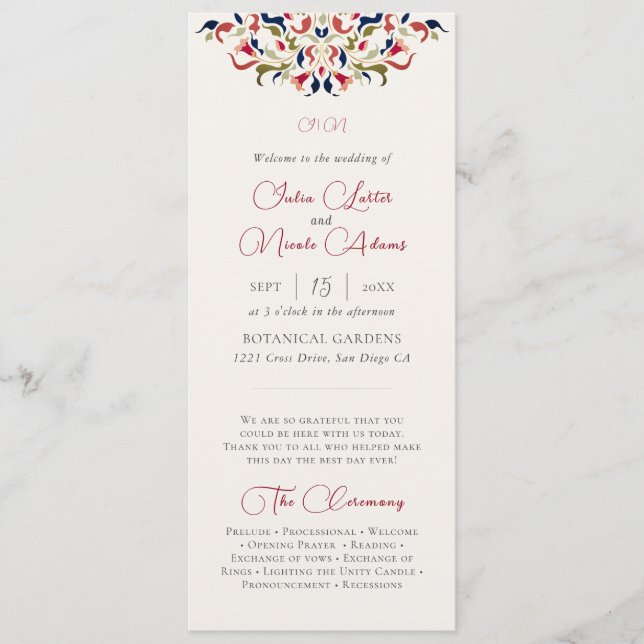 Luxury Artistic Botanical Floral Paisley Wedding Programme (Front)