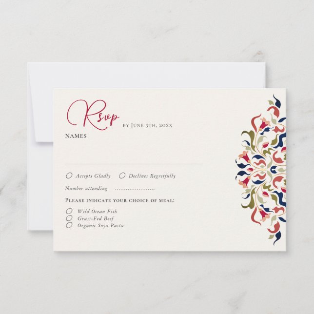 Luxury Artistic Botanical Floral Paisley Wedding RSVP Card (Front)