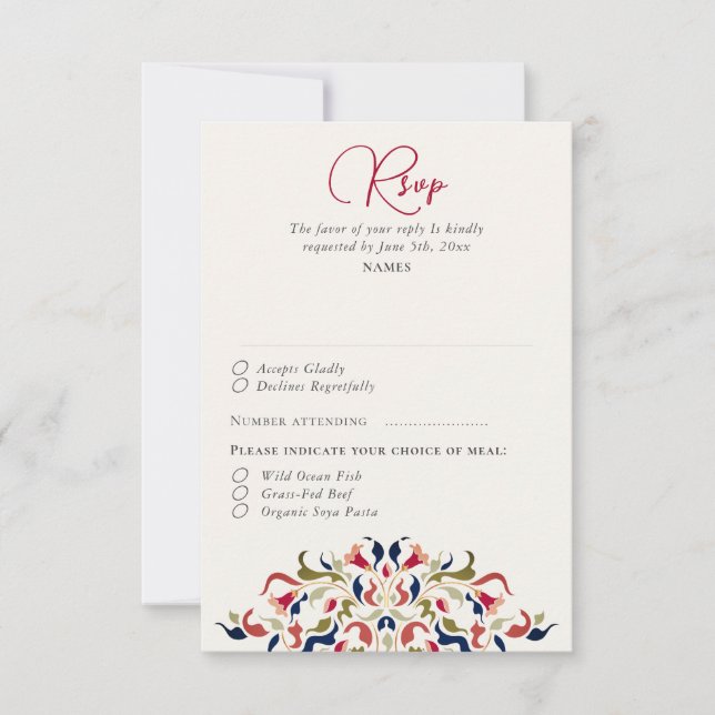 Luxury Artistic Botanical Floral Paisley Wedding RSVP Card (Front)