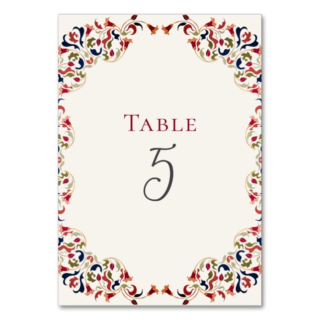 Luxury Artistic Botanical Floral Paisley Wedding Table Number (Front)