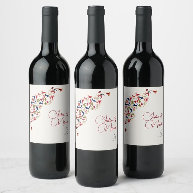 Luxury Artistic Botanical Floral Paisley Wedding Wine Label (Bottles)