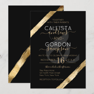 Luxury Artsy Black Gold Brushstrokes Wedding Invitation