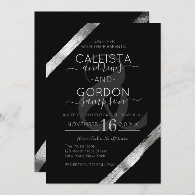Luxury Artsy Black Silver Brushstrokes Wedding Invitation (Front/Back)