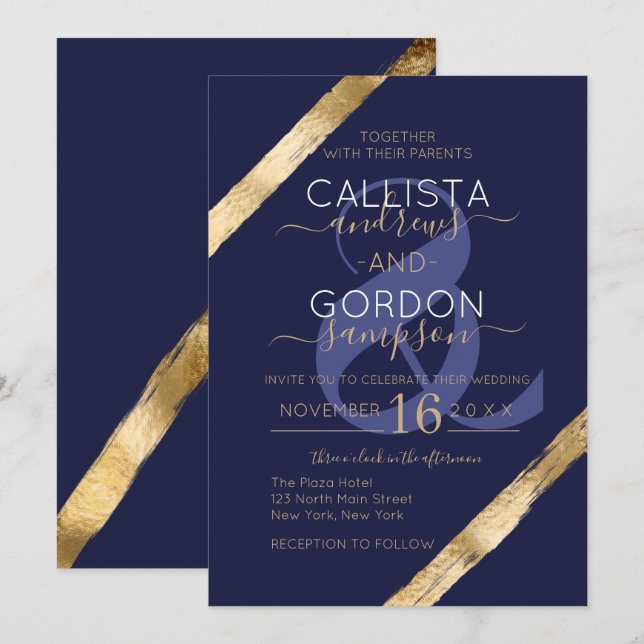 Luxury Artsy Navy Blue Gold Brushstrokes Wedding Invitation (Front/Back)