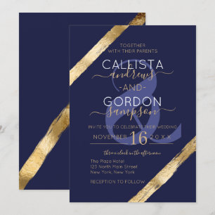 Luxury Artsy Navy Blue Gold Brushstrokes Wedding Invitation