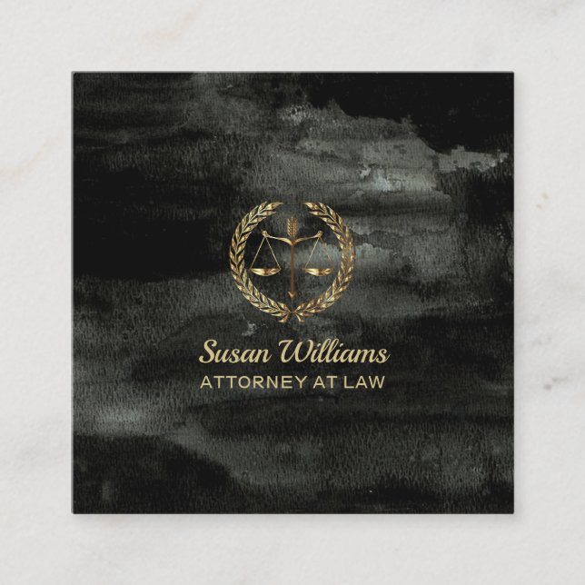 Luxury attorney at law aquarel black and gold square business card (Front)