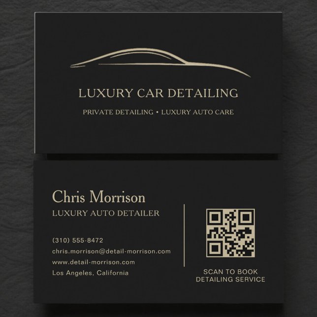 Luxury Auto Detailing QR Code Black & Gold Business Card (Creator Uploaded)