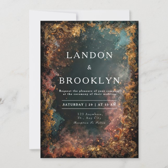 Luxury Autumn Gold Forest Starry Night Wedding Invitation (Front)