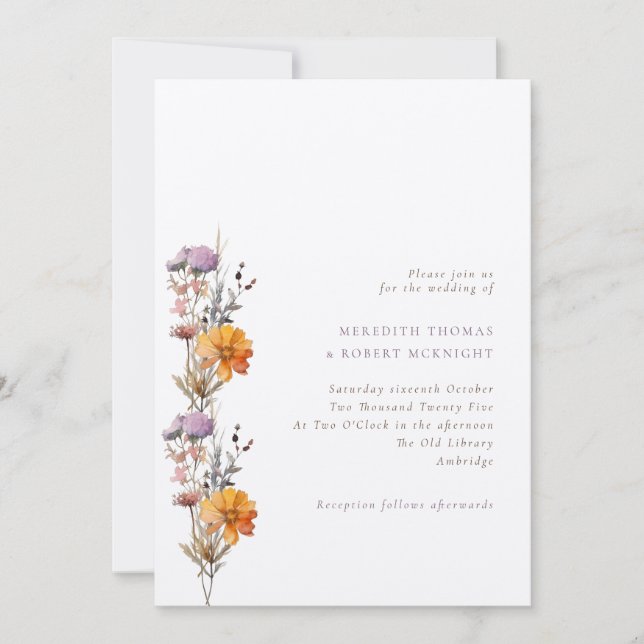 Luxury Autumn  Orange & Purple Wildflowers Wedding Invitation (Front)