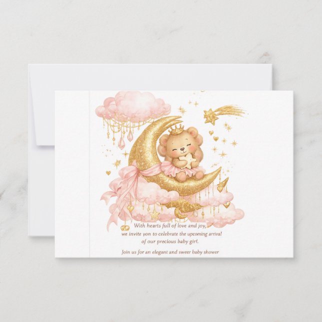 Luxury Baby Girl Shower Invitation Pink Gold Moon  (Front)