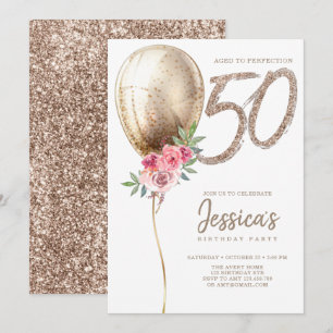 Luxury Balloon Beige Glitter 50th Birthday Invitation