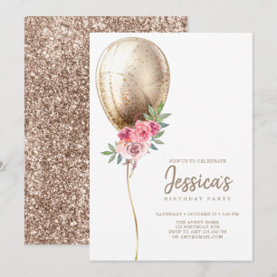 Luxury Balloon Beige Glitter Birthday Invitation