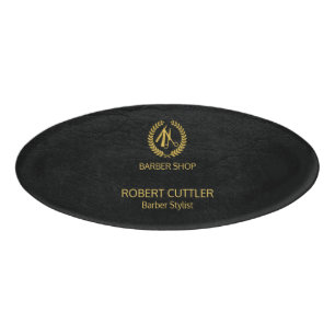 Luxury barber shop black leather look gold name tag