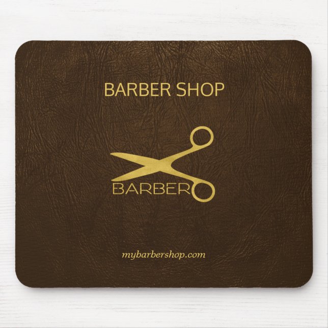 Luxury barber shop dark brown leather look gold mouse mat (Front)
