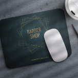 Luxury barber shop gold and navy geometric mouse mat<br><div class="desc">Barbershop mouse pad with faux gold geometric shapes and typography on a vintage style dark navy blue chalkboard background.               Suitable for elegant hairstyling,  tailor services,  men salon or boutiques.</div>