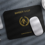 Luxury barber shop gold black leather look gold mouse mat<br><div class="desc">Barber shop mouse pad with faux gold scissors logo and barber script on a solid black elegant leather look background</div>