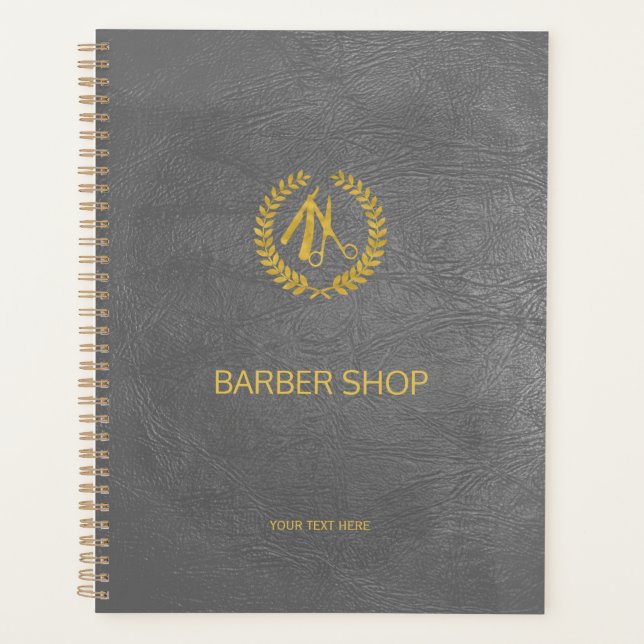 Luxury barber shop grey leather look gold planner (Front)