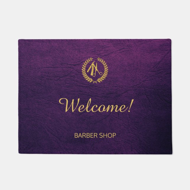 Luxury barber shop purple leather look gold doormat (Front)