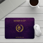 Luxury barber shop purple leather look gold mouse mat<br><div class="desc">Barber shop mouse pad with faux gold scissors logo and barber script on a purple indigo elegant leather look background</div>