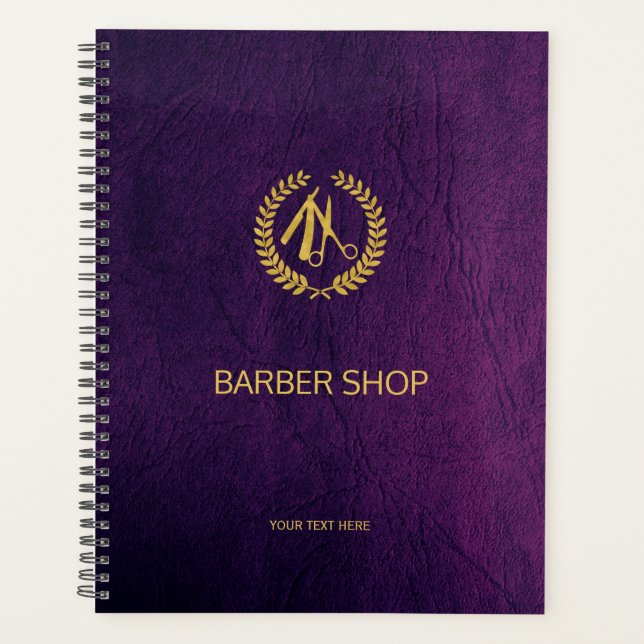 Luxury barber shop purple leather look gold planner (Front)