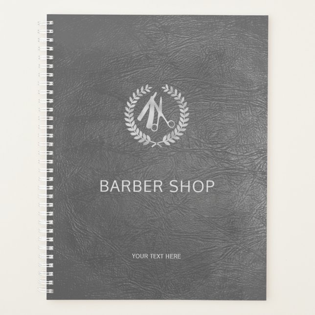 Luxury barber shop silver dark grey leather look planner (Front)