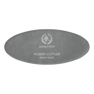 Luxury barber shop silver grey leather look name tag