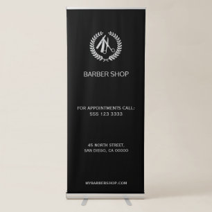 Luxury barber shop silver logo script on black retractable banner