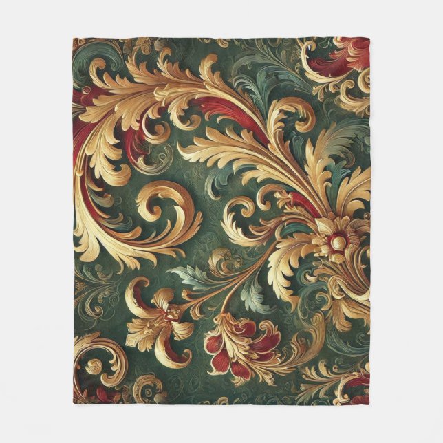 Luxury Baroque Damask Pattern Fleece Blanket (Front)