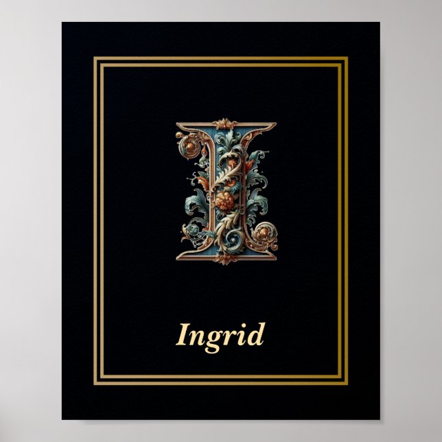 Luxury Baroque Letter I Monogram Poster  (Front)