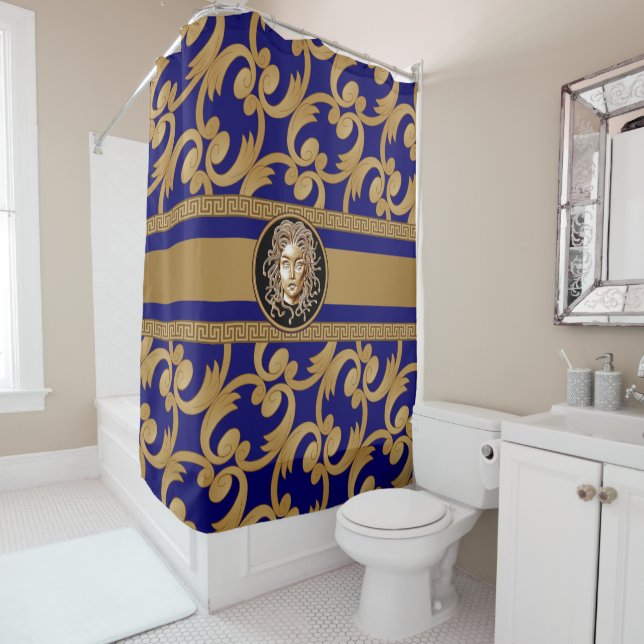 Luxury Baroque Medusa Blue & Gold Shower Curtain (In Situ)