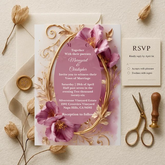 Luxury Baroque Opulent Mulberry Tulip Gold Wedding Invitation (Luxury Baroque Opulent Mulberry Tulip Gold Wedding Invitation)