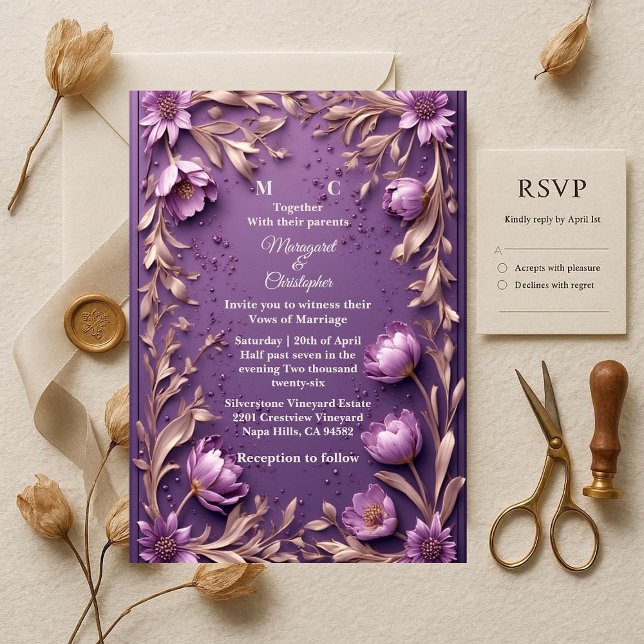 Luxury Baroque Opulent Purple Tulips Gold Wedding  Invitation (Luxury Baroque Opulent Purple Tulips Gold Wedding Invitation)
