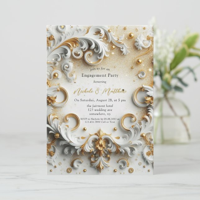 Luxury Baroque Style White Gold Engagement Party Invitation (Standing Front)