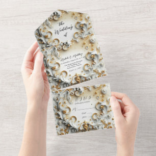 Luxury Baroque Style White Gold Wedding All In One Invitation
