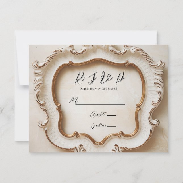 Luxury Baroque Style White Gold Wedding  RSVP Card (Front)