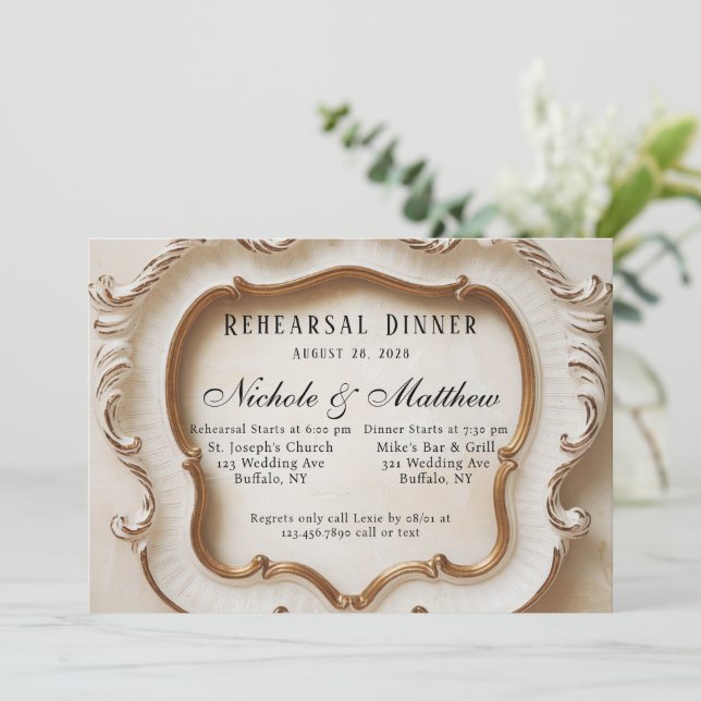 Luxury Baroque White and Gold Rehearsal Dinner Invitation (Standing Front)