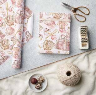 Luxury Baseball Girl Birthday Pink Gold Wrapping Paper