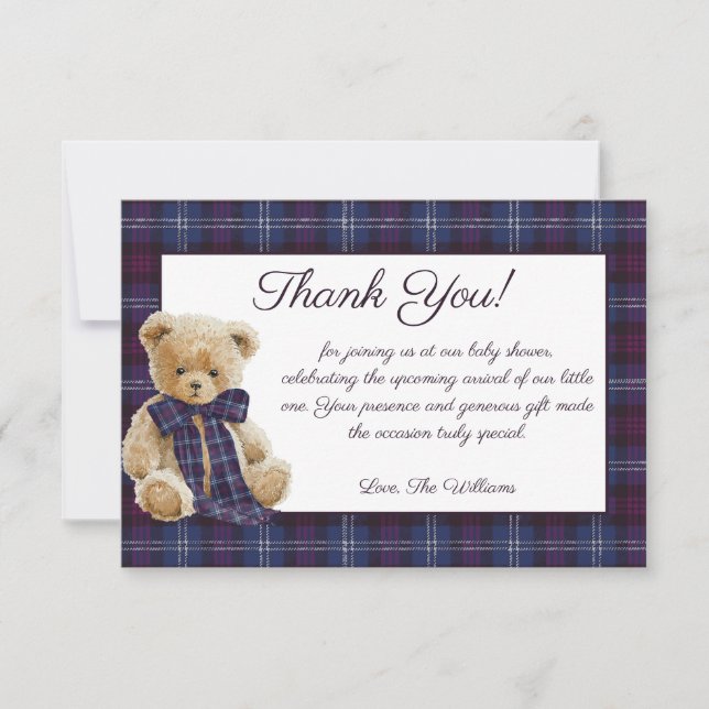Luxury Bear Plaid Bow Baby Shower  Thank You Card (Front)