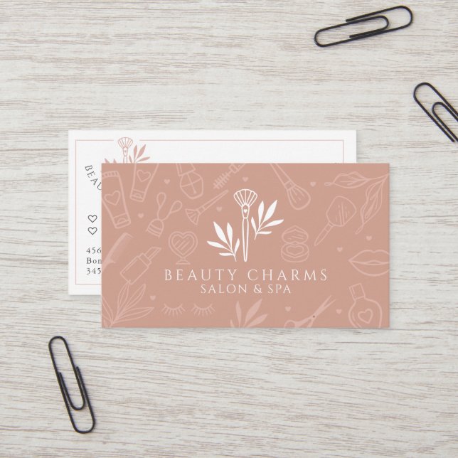 Luxury Beauty Charms Blush Pink Makeup Logo Business Card (Front/Back In Situ)