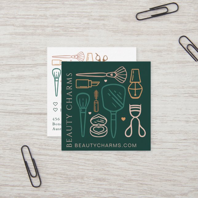 Luxury Beauty Charms Makeup Tools Emerald Green Square Business Card (Front/Back In Situ)