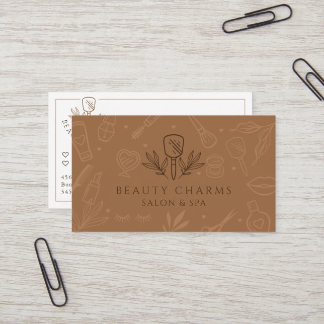 Luxury Beauty Charms Tan & Brown Makeup Logo Business Card (Front/Back In Situ)