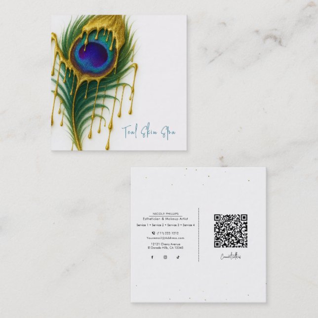 Luxury Beauty Gold Drip Glam Peacock Feather Square Business Card (Front/Back)
