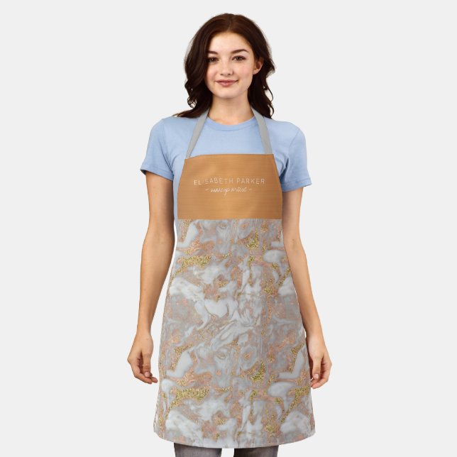 Luxury beauty salon grey marble gold employee name apron (Worn)