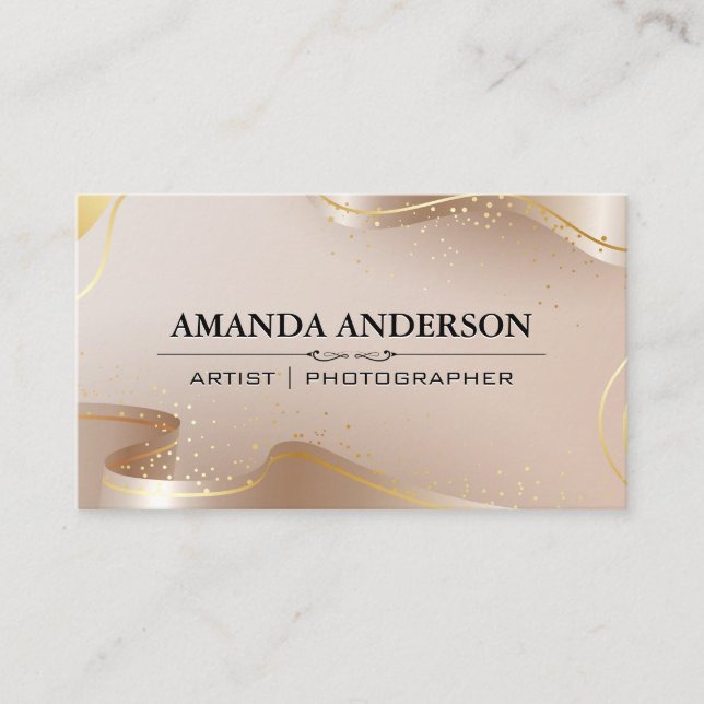 Luxury Beige and Gold Ribbons Business Card (Front)