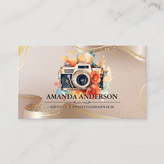 Luxury Beige and Gold Ribbons | Flowers Camera Business Card (Front)