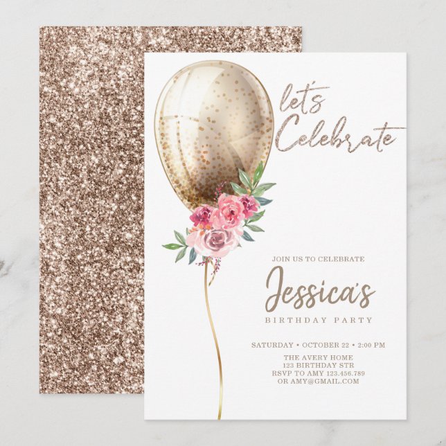 Luxury Beige Balloon Glitter Birthday Invitation (Front/Back)