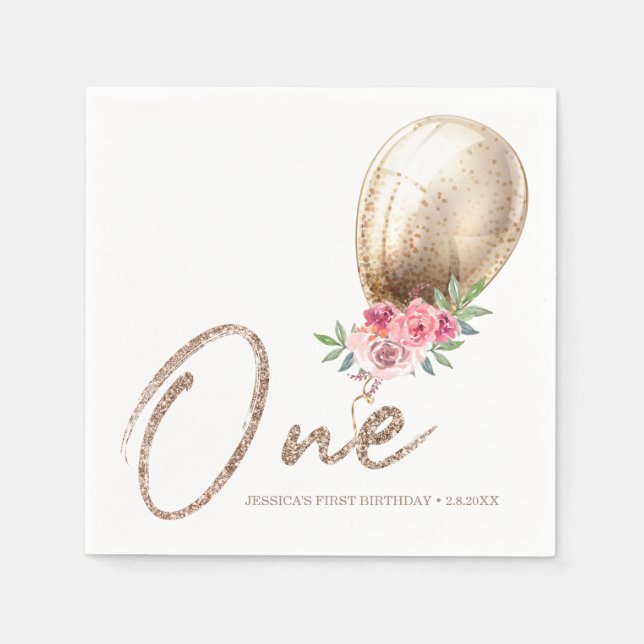 Luxury Beige Balloon Glitter First Birthday Napkin (Front)