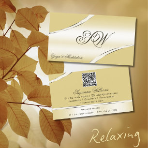 Luxury Beige Cream Curved Lines Monogram QR Code Business Card